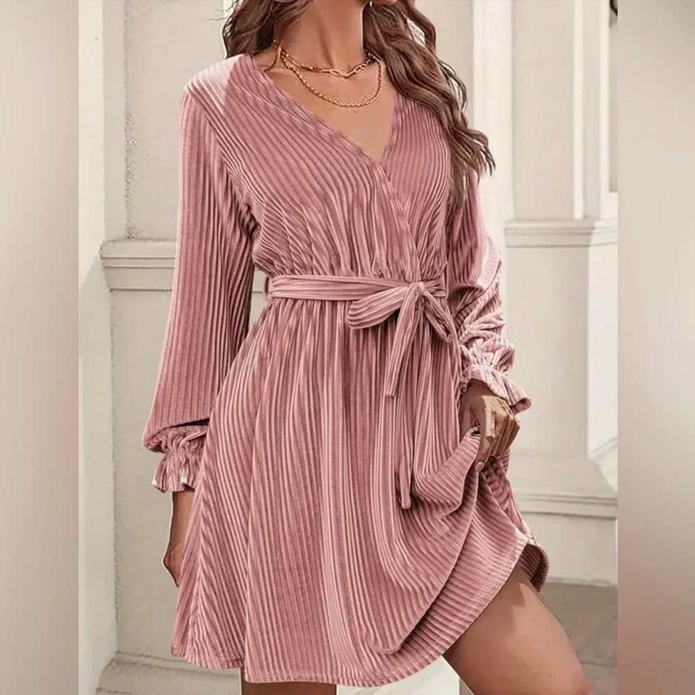 Pink Velvet Dress Belted Dress size Medium - Picture 1 of 7